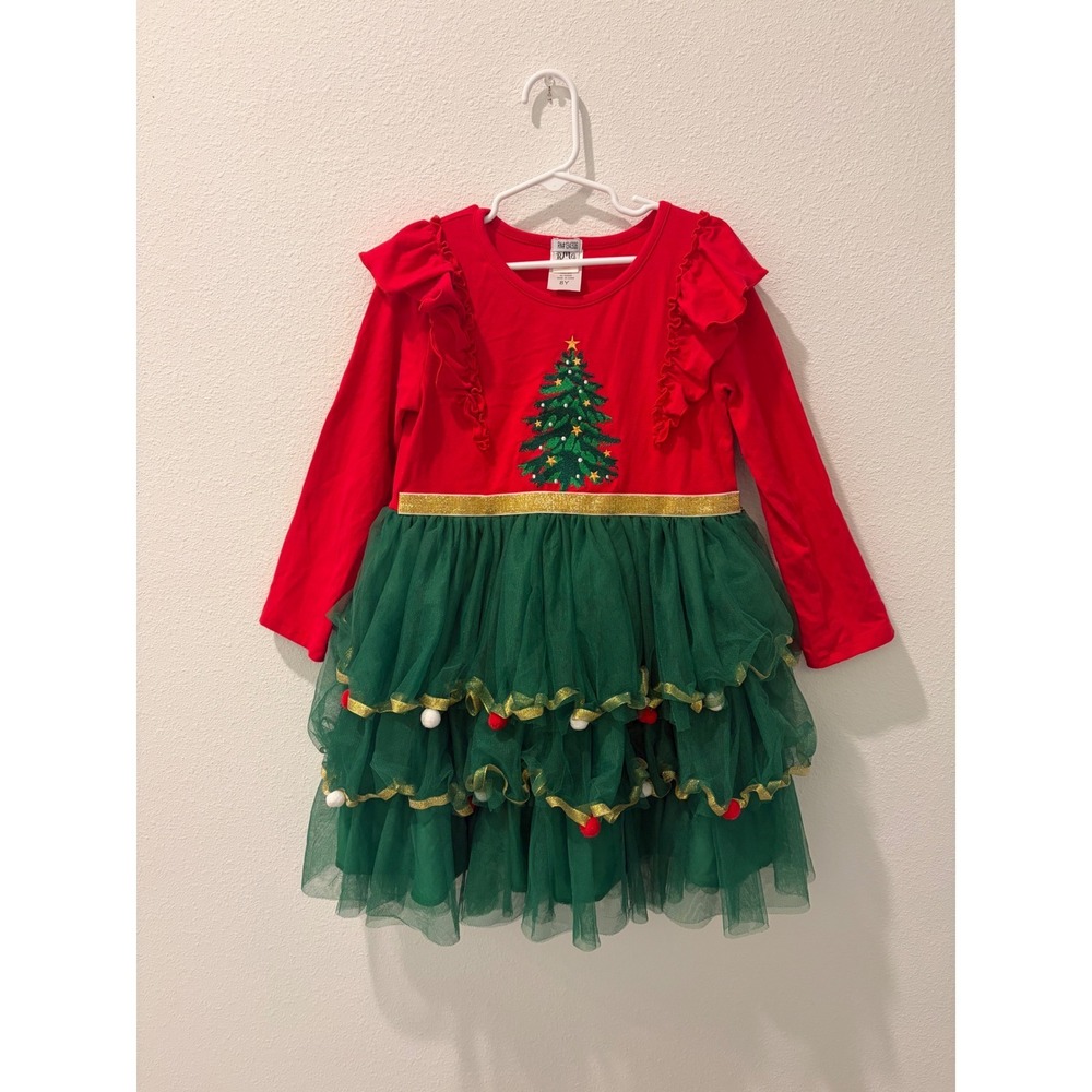 BMG Kids Red Green Tulle Christmas Tree Dress Ruffle Long Sleeve Pom Pom 8Y